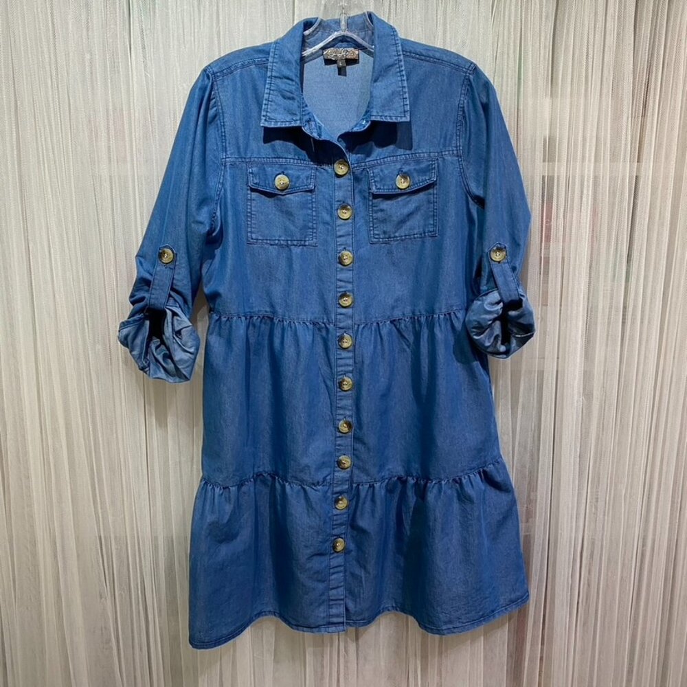 J. Gee Women's Large Chambray Tiered Ruffle Button Up Dress w/Pockets Size Large
